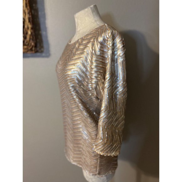 WHBM Sequin Top Gold Silver M Medium 3/4 Long Sleeve Stretch Party Cruise - Picture 5 of 9